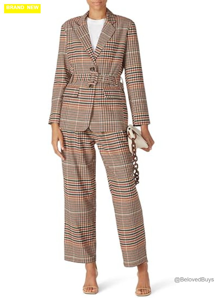 Plaid Blazer With Belt, Long Sleeve, Notch Collar